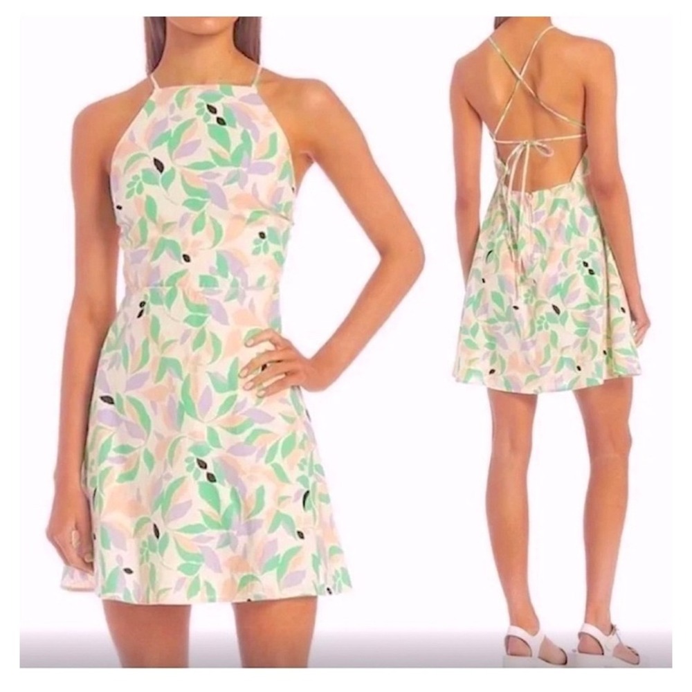GB Gianni Bini Floral Open Back Halter Mini Dress Medium Linen Fairy Beach